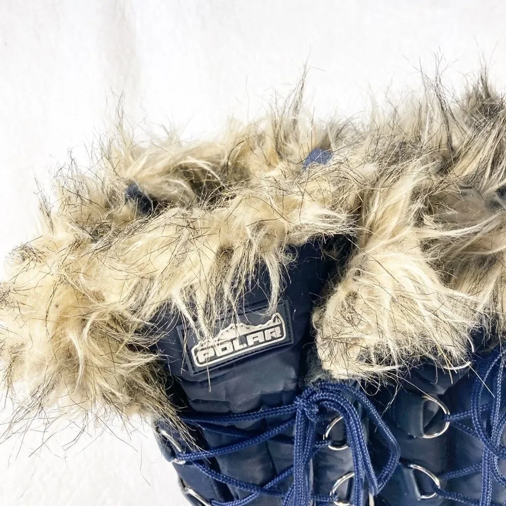 Polar Navy Nylon Tall Fur Lace Waterproof Snow Rainy Boots Sz 8